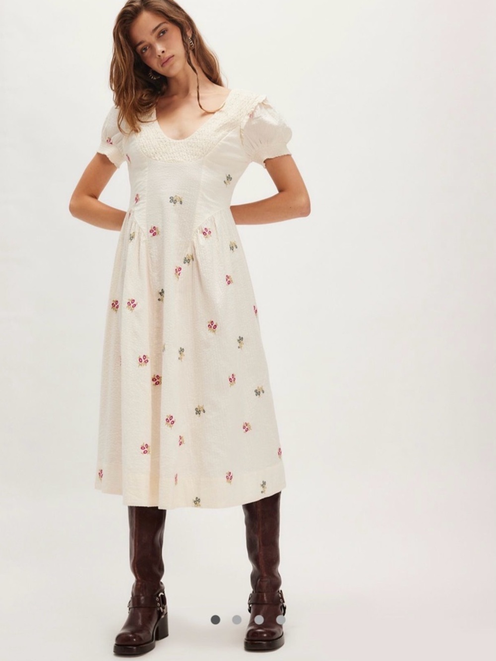 Free People Cream Embroidered Puff-Sleeve Midi Dress